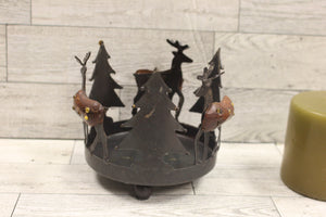 Metal & Wood Reindeer & Trees Candle Votive Holder with Candle - Christmas Decor