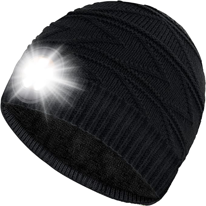 Unisex LED Beanie Hat Light Rechargeable Winter Knitted Headlight w/ SOS Warning