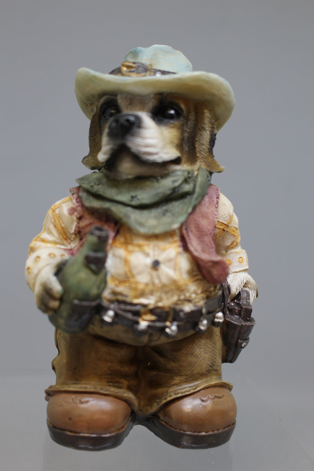 Western Cowboy Dog Figurine Holding Bottle - Resin - Used