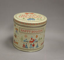 Load image into Gallery viewer, Vintage Cross Stitch Happy Holiday Christmas Tin - 5&quot; Tall - Used