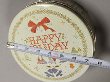 Load image into Gallery viewer, Vintage Cross Stitch Happy Holiday Christmas Tin - 7&quot; round - Used