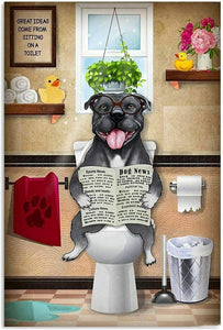 Pitbull Dog is Reading Newspaper in Toilet Bathroom Tin Sign - 8x12 - New