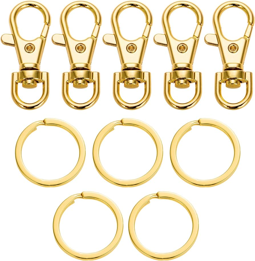 5 Set Key Chain Flat Key Rings Swivel Clasps Snap-On Keychain - Round Edge -Gold