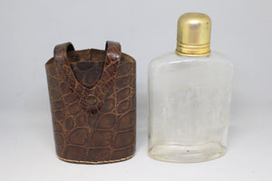 Vintage Glass Flask with Animal Skin Holder Pouch - Used