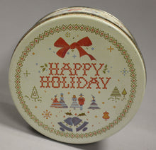 Load image into Gallery viewer, Vintage Cross Stitch Happy Holiday Christmas Tin - 7&quot; round - Used