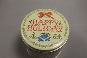 Vintage Cross Stitch Happy Holiday Christmas Tin - 5" Tall - Used