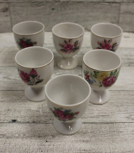 Set of 6 Vintage Retro Fine Porcelain Egg Cups - Pink Floral - Japan