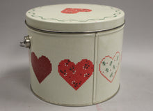 Load image into Gallery viewer, Hallmark 1988 Round Metal Tin with Handle -Quilted Heart Needlepoint Crossstitch