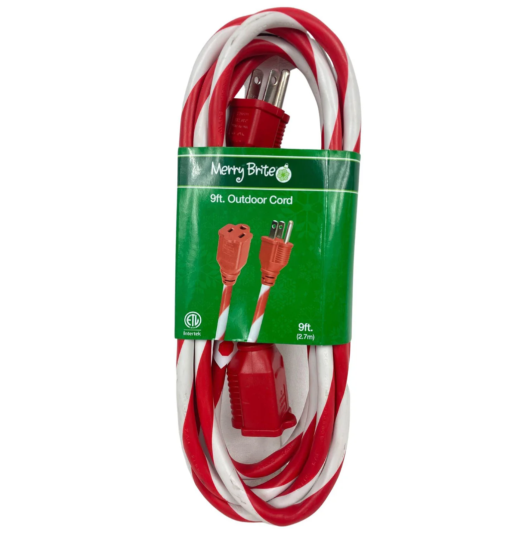 Merry Brite 9ft Outdoor Cord - Chistmas Decorations - Red & White Striped - New