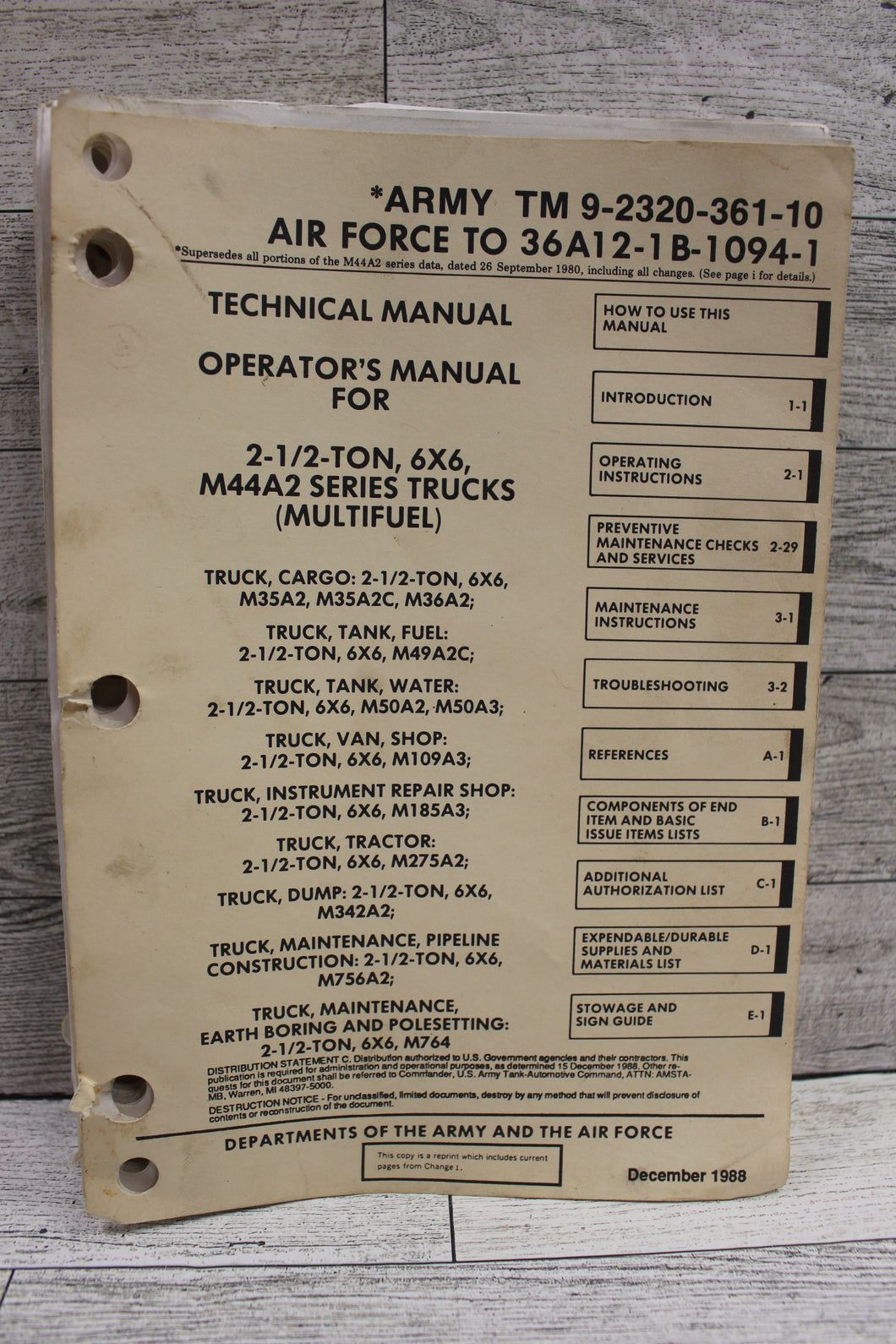 Technical Manual For 2-1/2 Ton, 6x6 M44A2 Series Trucks - Multifuel - Dec 1988