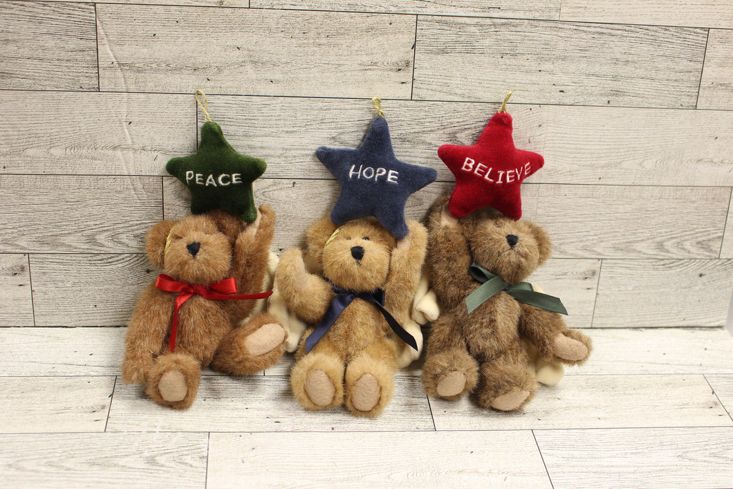 Set of 3 Christmas Bear Ornaments - Peace, Hope, Believe - Used