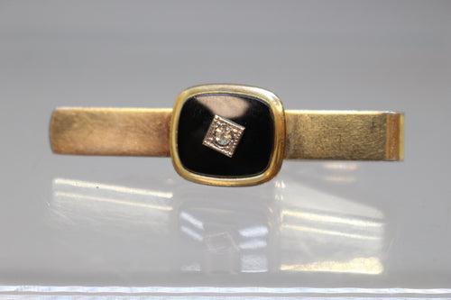 Black Stone Tie Clip - Gold Colored - Used