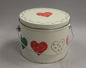 Hallmark 1988 Round Metal Tin with Handle -Quilted Heart Needlepoint Crossstitch