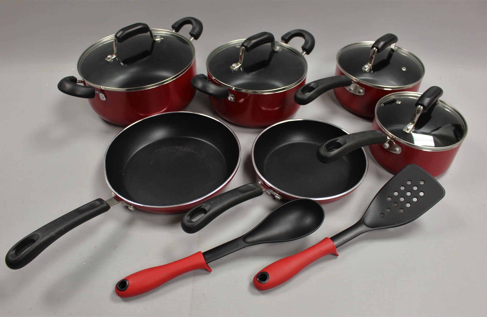 Cook N Home 12-Piece Nonstick Stay Cool Handle Cookware Set, Marble Pattern - Red