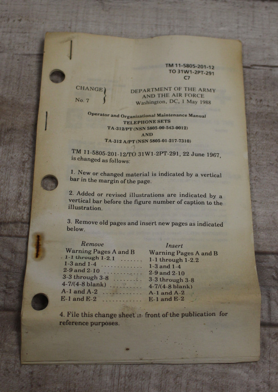 US Military Operator and Maintenance Manual Telephone Sets - TA-312/PT - TA-312 A/PT - 1 May 1988 -Used