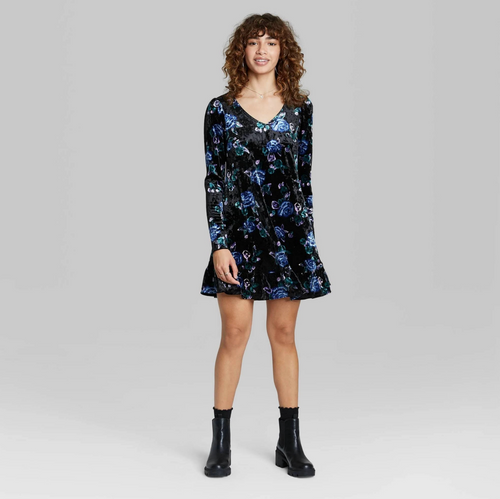 Wild Fable Women's Floral Print Long Sleeve Velvet Drop Hem Dress - Small - New