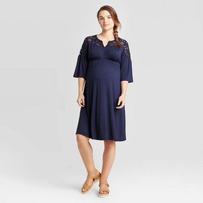 Isabel Maternity 3/4 Sleeve Lace Yoke Knit Maternity Dress - Navy - Small - New