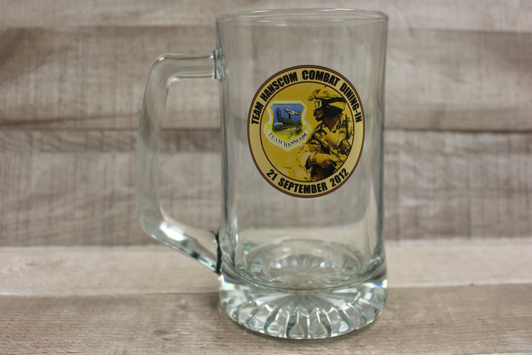Team Hanscom Combat Dining-In Glass Mug Cup -Clear With Logo -Used