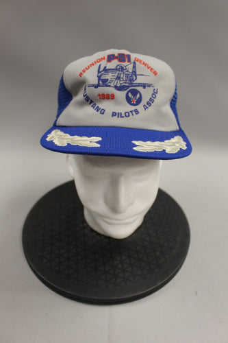 1989 P51 Mustang Pilot Reunion Denver Mesh Snapback Hat -Blue/Grey -Used