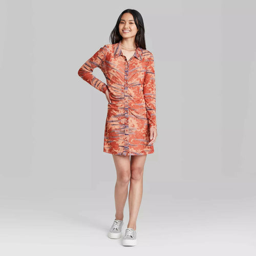 Wild Fable Women's Long Sleeve Button-Front Mesh Dress - Orange Tie Dye - Small